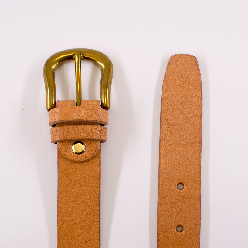 Golden round solid brass buckle - vachetta leather belt - 3cm width