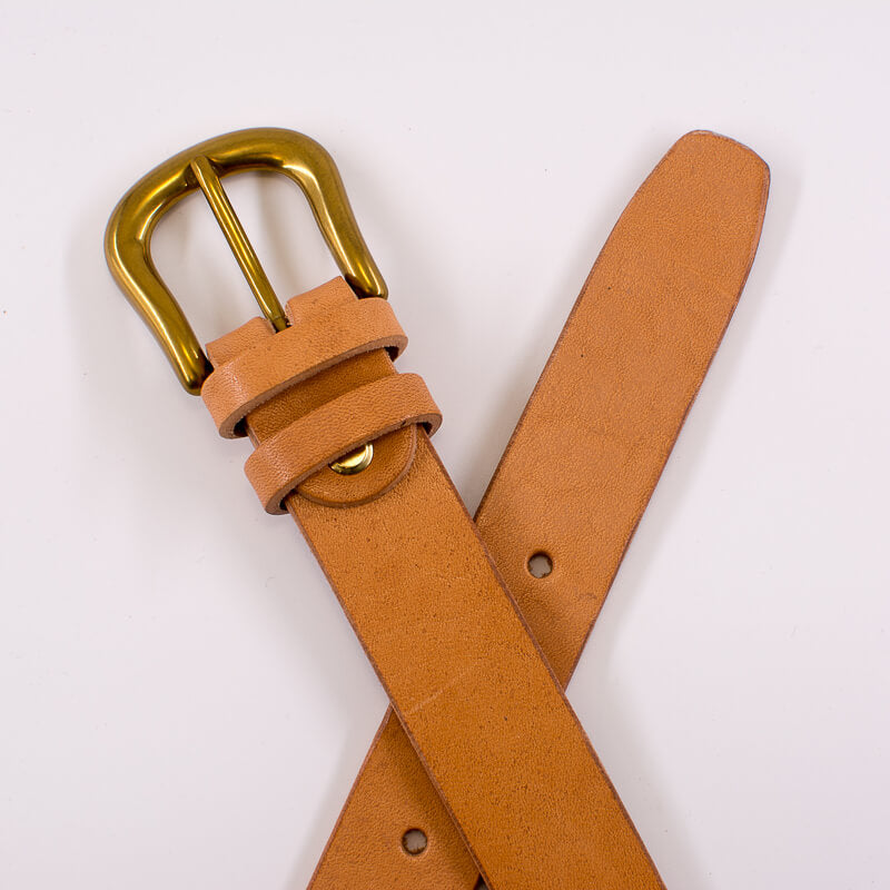 Golden round solid brass buckle - vachetta leather belt - 3cm width