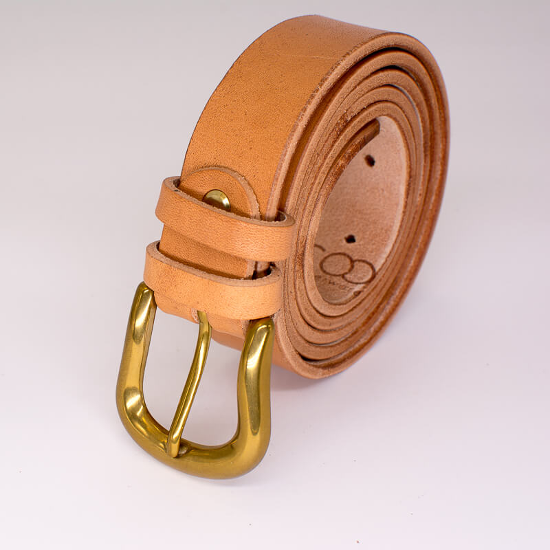 Golden round solid brass buckle - vachetta leather belt - 3cm width