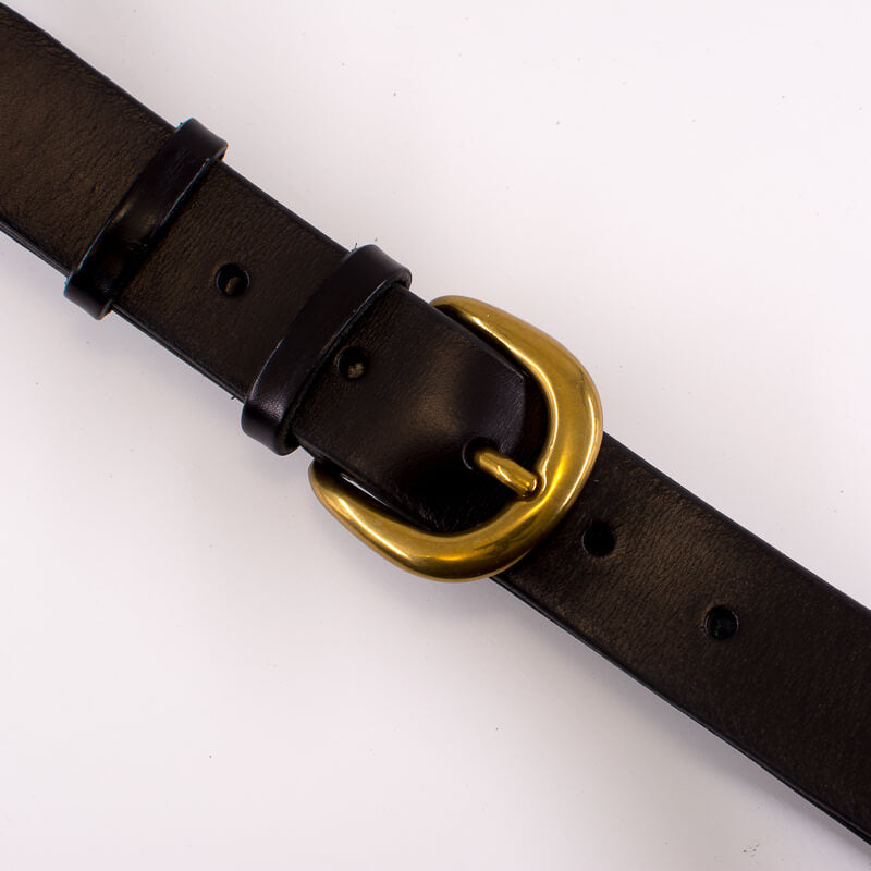 Golden round solid brass buckle - black leather belt - 3.5cm width
