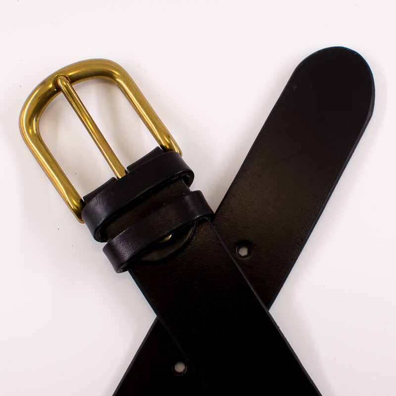 Golden round solid brass buckle - black leather belt - 4cm width