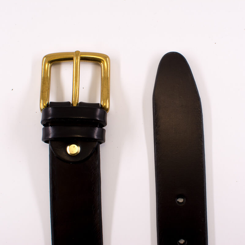 Golden square solid brass buckle (short) - black leather belt - 3.5cm width