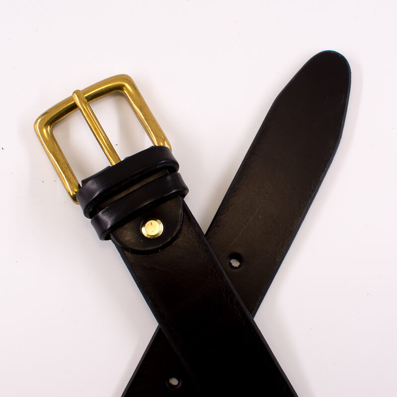 Golden square solid brass buckle (short) - black leather belt - 3.5cm width