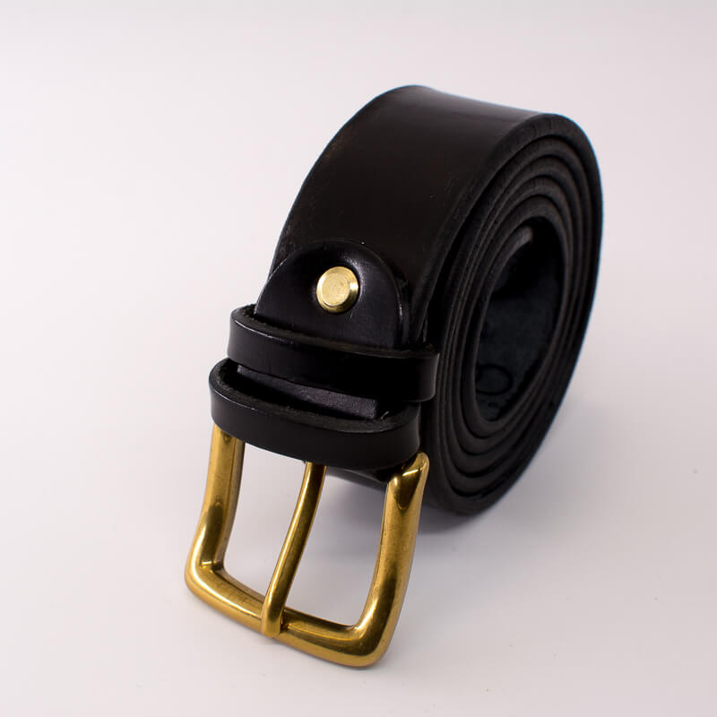 Golden square solid brass buckle (short) - black leather belt - 3.5cm width