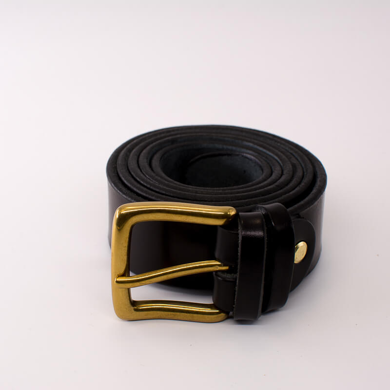 Golden square solid brass buckle (short) - black leather belt - 3.5cm width