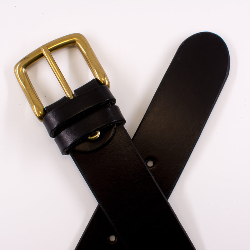 Golden square solid brass buckle (short) - black leather belt - 4cm width
