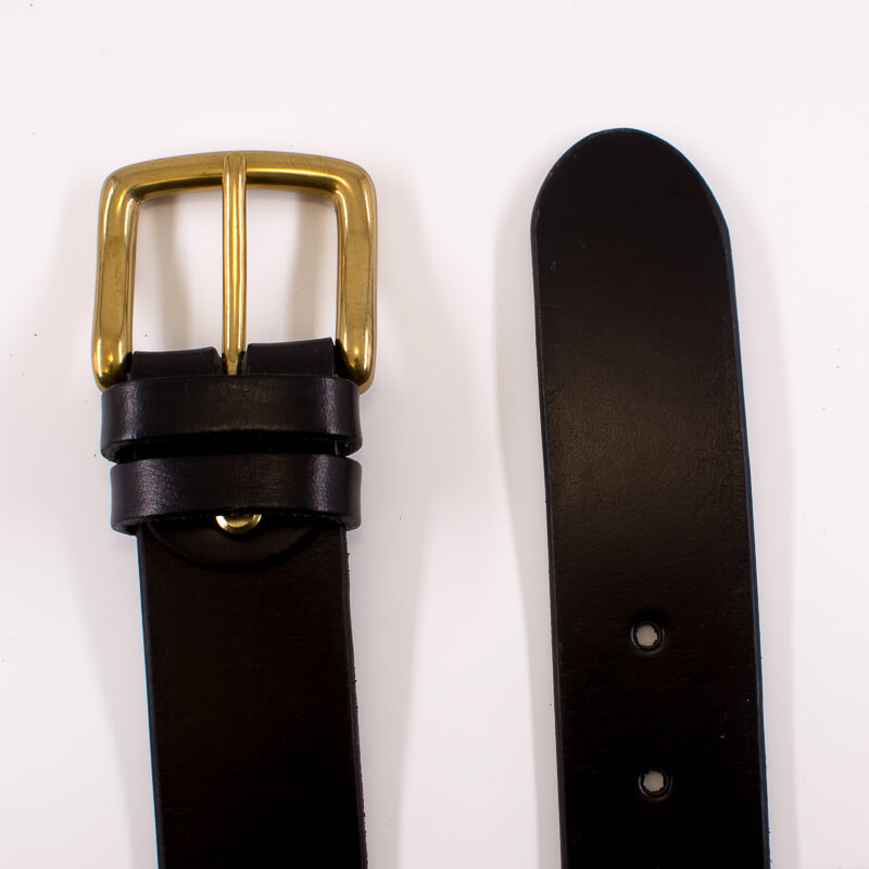 Golden square solid brass buckle (short) - black leather belt - 4cm width