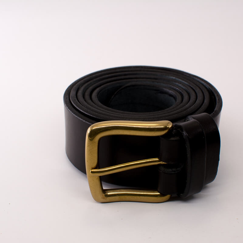 Golden square solid brass buckle (short) - black leather belt - 4cm width