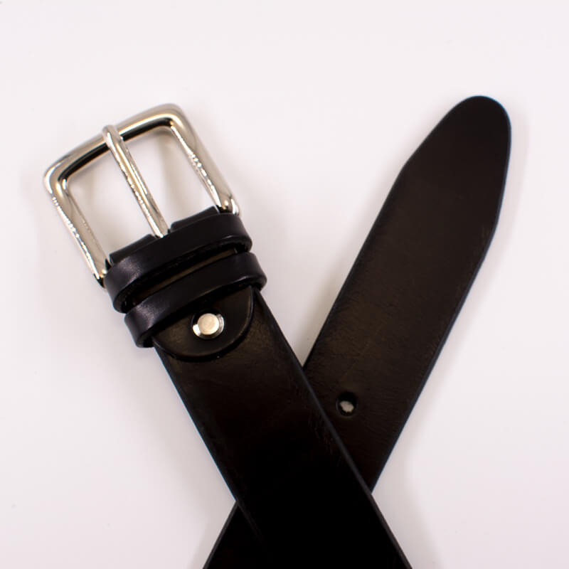 Silver square solid brass buckle (short) - black leather belt - 3.5cm width