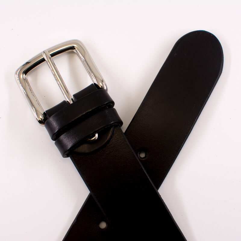 Silver square solid brass buckle (short) - black leather belt - 4cm width