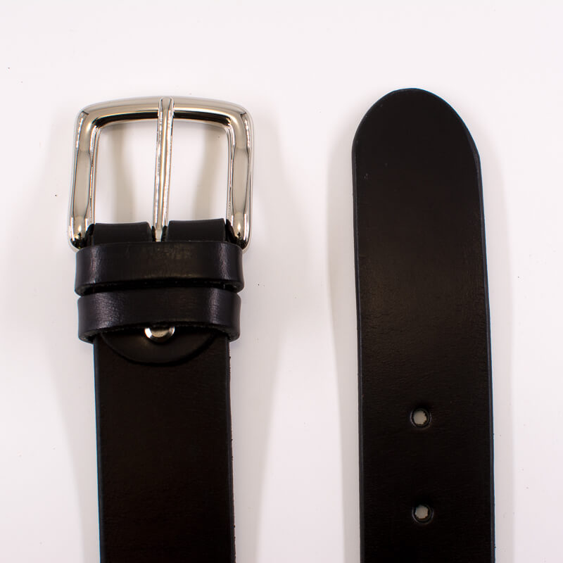 Silver square solid brass buckle (short) - black leather belt - 4cm width