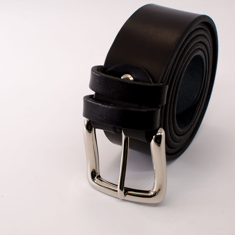 Silver square solid brass buckle (short) - black leather belt - 4cm width