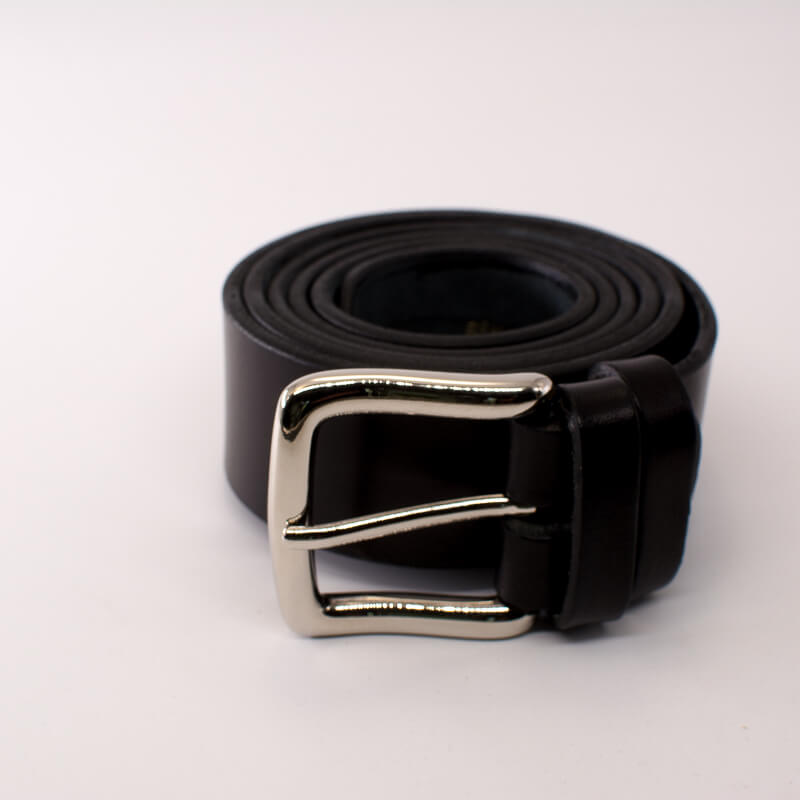 Silver square solid brass buckle (short) - black leather belt - 4cm width