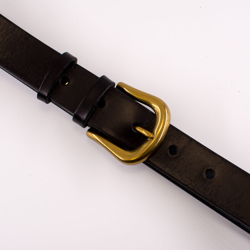 Golden round solid brass buckle - black leather belt - 3cm width