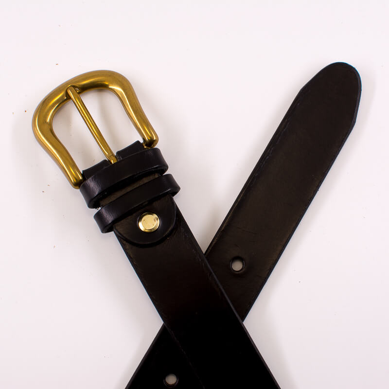 Golden round solid brass buckle - black leather belt - 3cm width