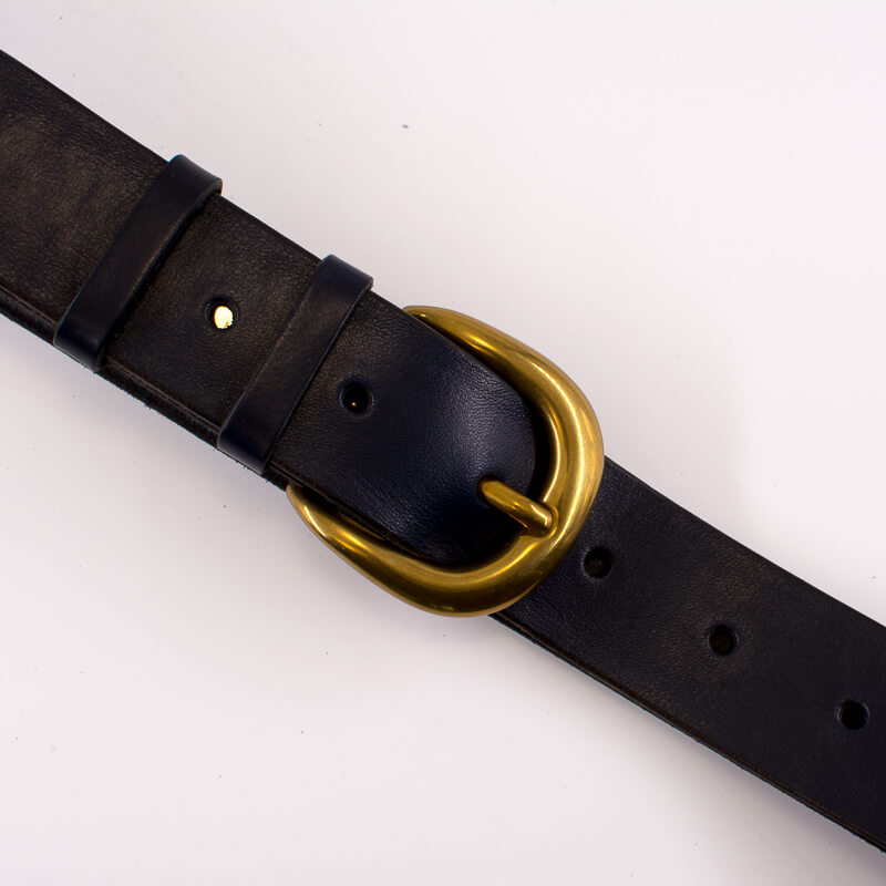 Golden round solid brass buckle - dark blue leather belt - 3.5cm