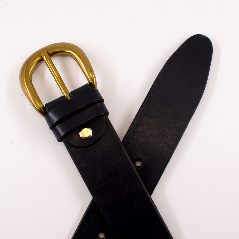 Golden round solid brass buckle - dark blue leather belt - 3.5cm width