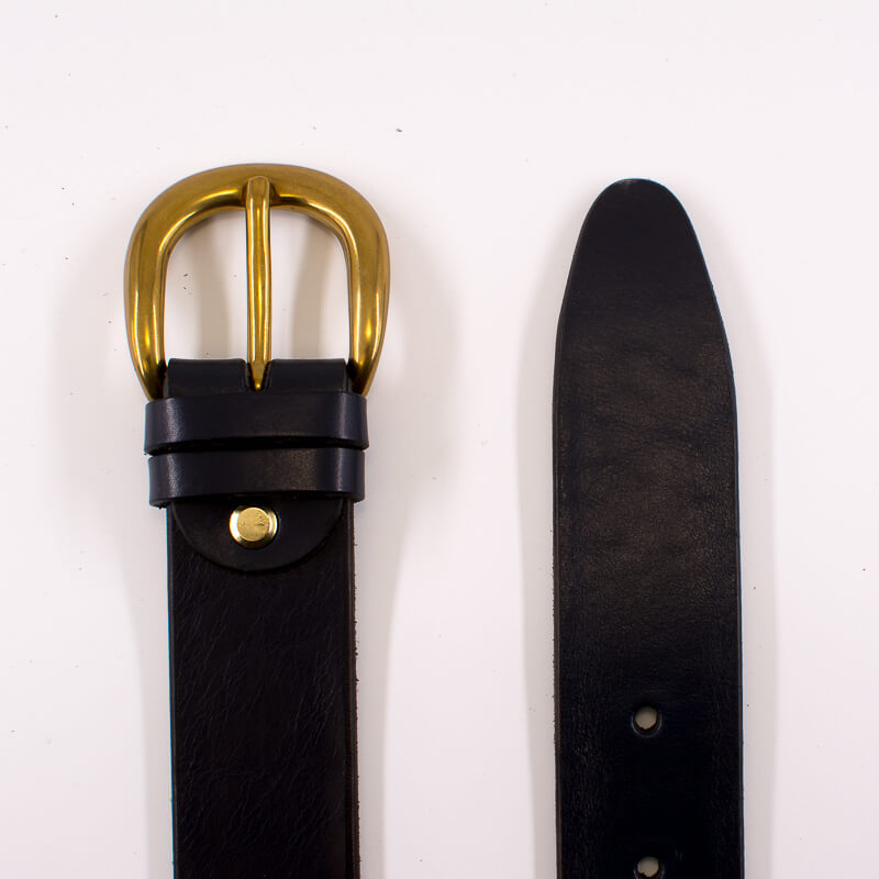 Golden round solid brass buckle - dark blue leather belt - 3.5cm width