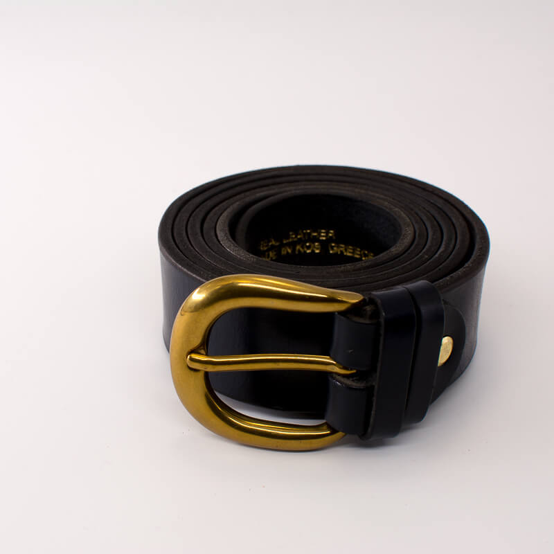 Golden round solid brass buckle - dark blue leather belt - 3.5cm width