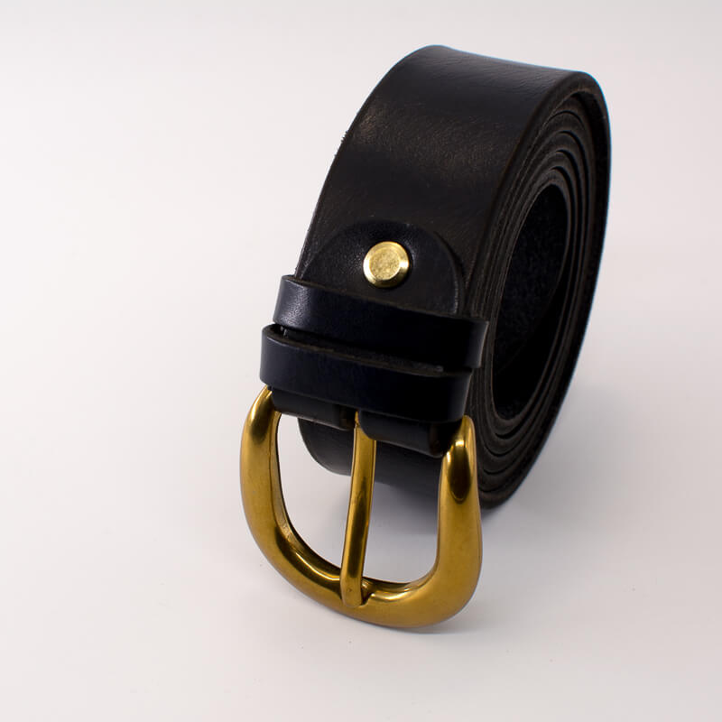 Golden round solid brass buckle - dark blue leather belt - 3.5cm width