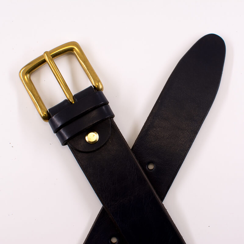 Golden square solid brass buckle (short) - dark blue leather belt - 3.5cm width