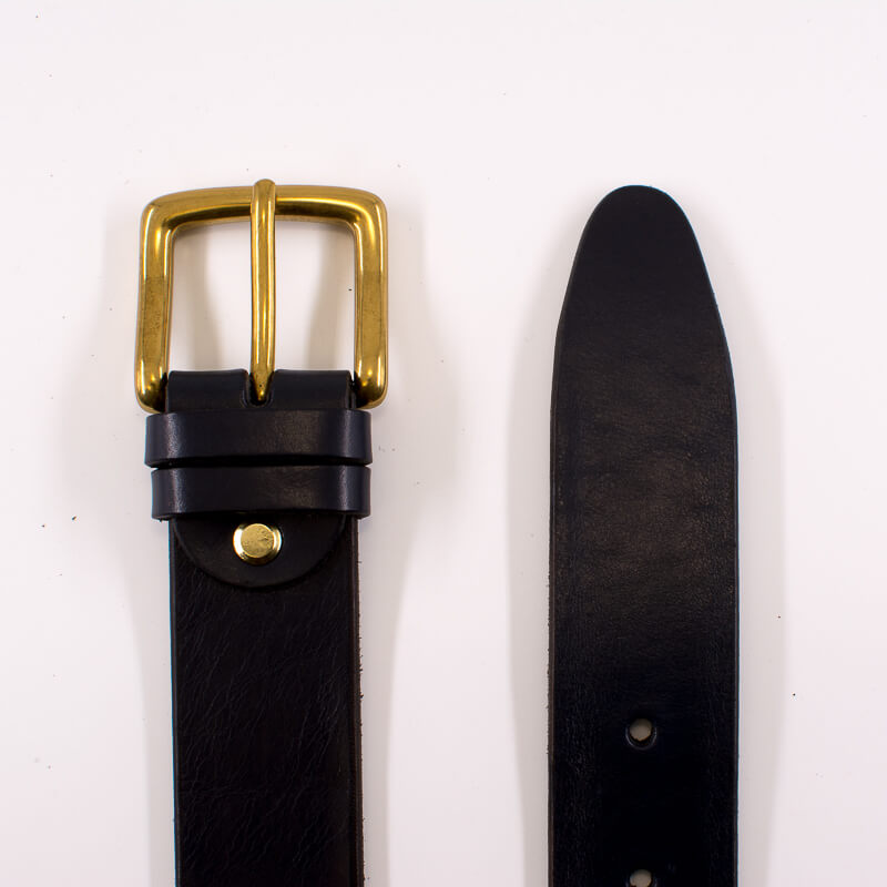 Golden square solid brass buckle (short) - dark blue leather belt - 3.5cm width