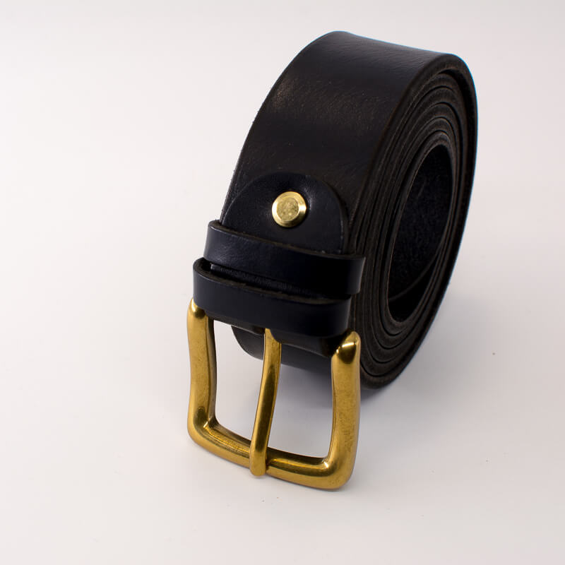 Golden square solid brass buckle (short) - dark blue leather belt - 3.5cm width