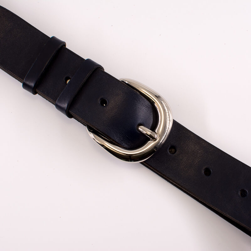 Silver round solid brass buckle - dark blue leather belt - 3.5cm width