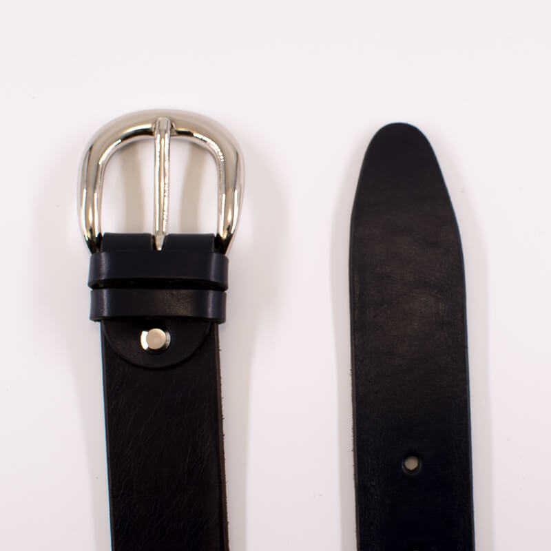 Silver round solid brass buckle - dark blue leather belt - 3.5cm width