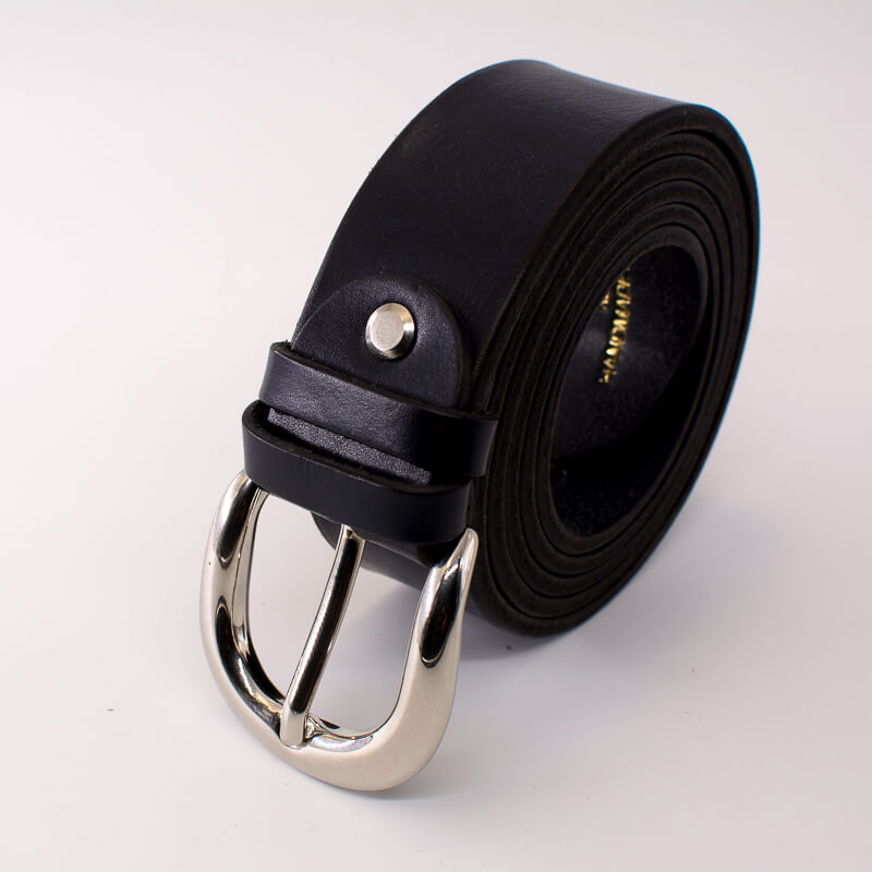Silver round solid brass buckle - dark blue leather belt - 3.5cm width