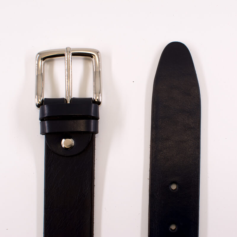 Silver square solid brass buckle (short) - dark blue leather belt - 3.5cm width