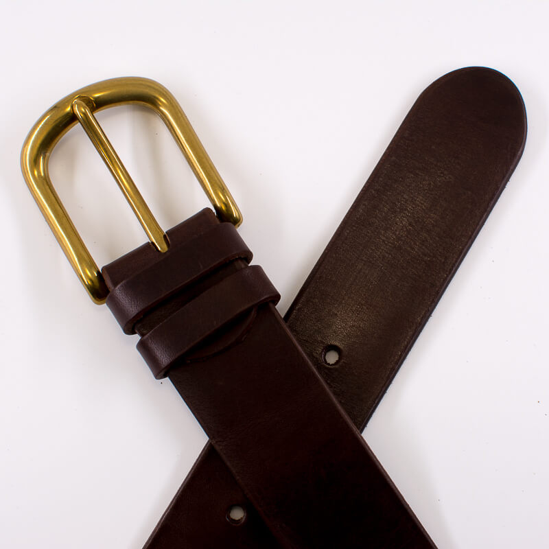 Golden round solid brass buckle - dark brown leather belt - 4cm width