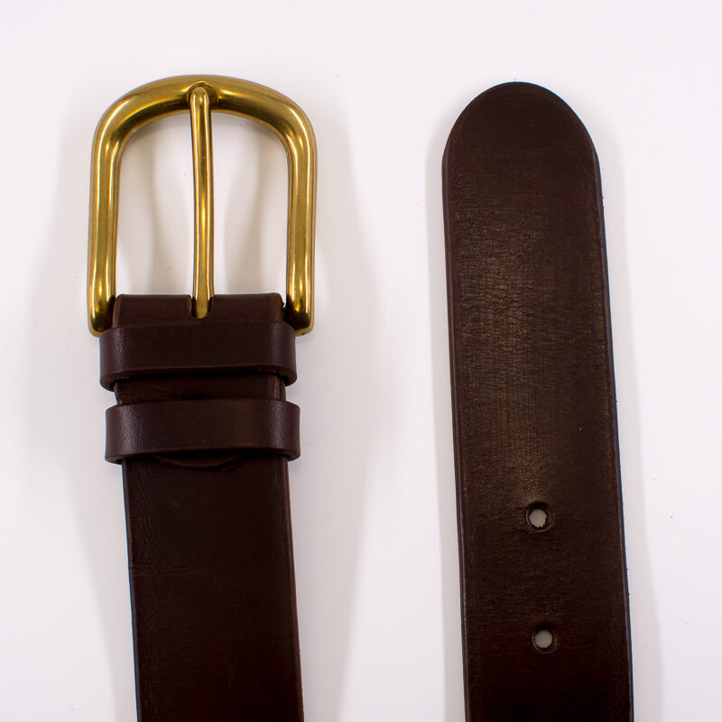 Golden round solid brass buckle - dark brown leather belt - 4cm width