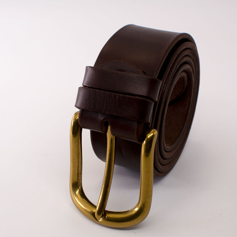 Golden round solid brass buckle - dark brown leather belt - 4cm width