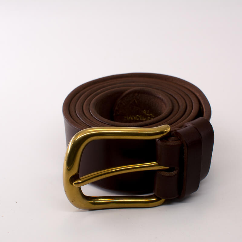 Golden round solid brass buckle - dark brown leather belt - 4cm width