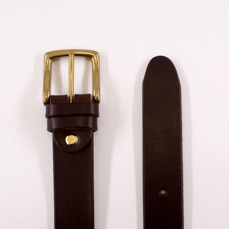 Golden square solid brass buckle - dark brown leather belt - 3cm width
