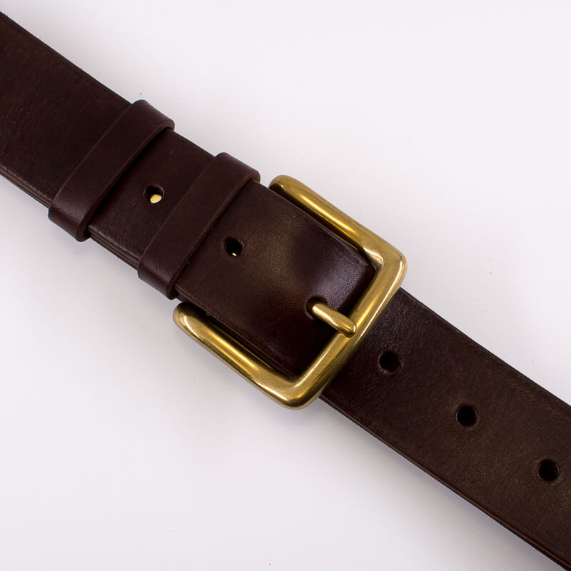 Golden square solid brass buckle (short) - dark brown leather belt - 4cm width