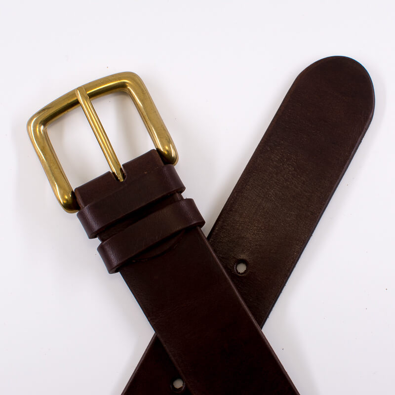 Golden square solid brass buckle (short) - dark brown leather belt - 4cm width
