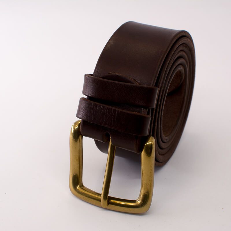 Golden square solid brass buckle (short) - dark brown leather belt - 4cm width