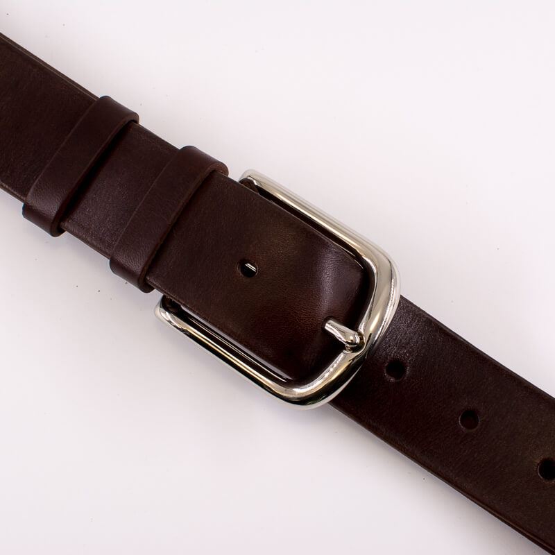 Silver round solid brass buckle - dark brown leather belt - 4cm width