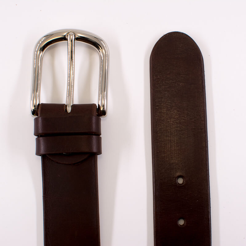 Silver round solid brass buckle - dark brown leather belt - 4cm width
