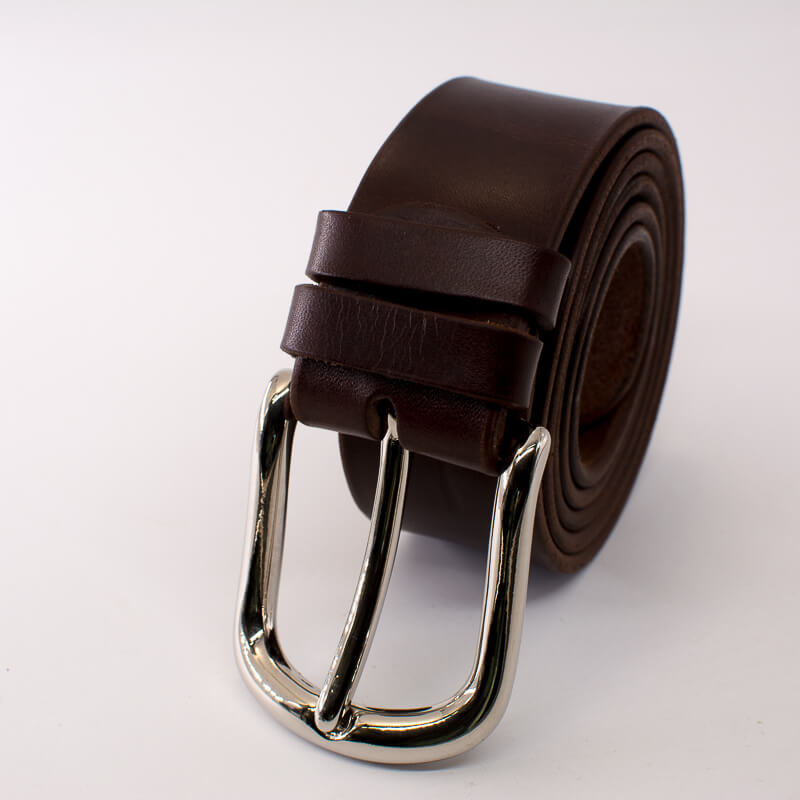 Silver round solid brass buckle - dark brown leather belt - 4cm width
