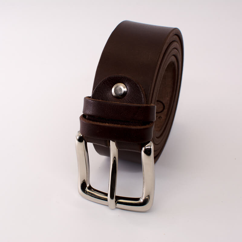 Silver square solid brass buckle (short) - dark brown leather belt - 3.5cm width