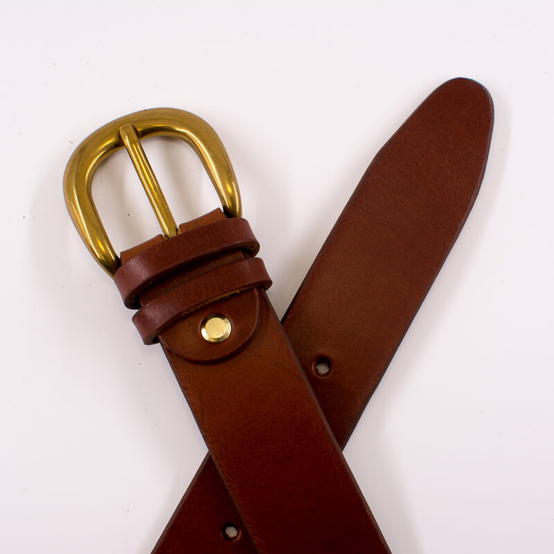 Golden round solid brass buckle - light brown leather belt - 3.5cm width