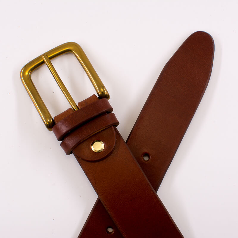 Golden square solid brass buckle - light brown leather belt - 3.5cm width