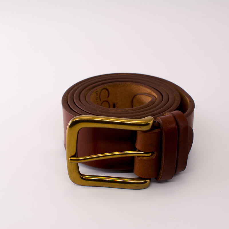 Golden square solid brass buckle - light brown leather belt - 3.5cm width