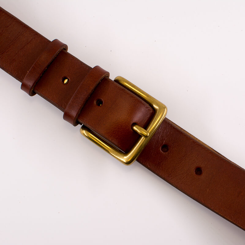 Golden square solid brass buckle (short) - light brown leather belt - 3.5cm width