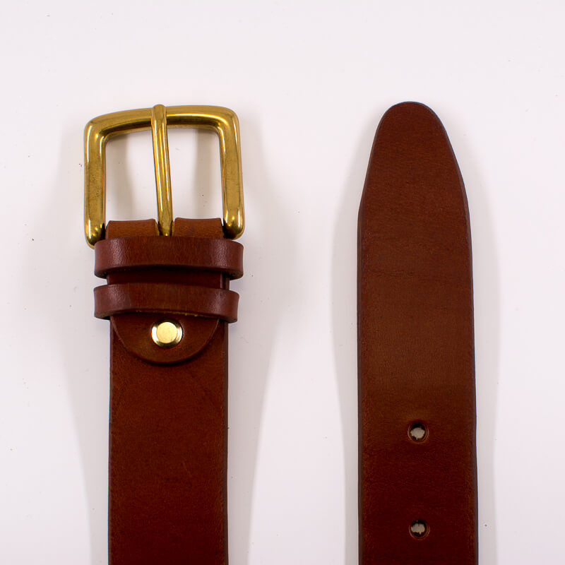 Golden square solid brass buckle (short) - light brown leather belt - 3.5cm width