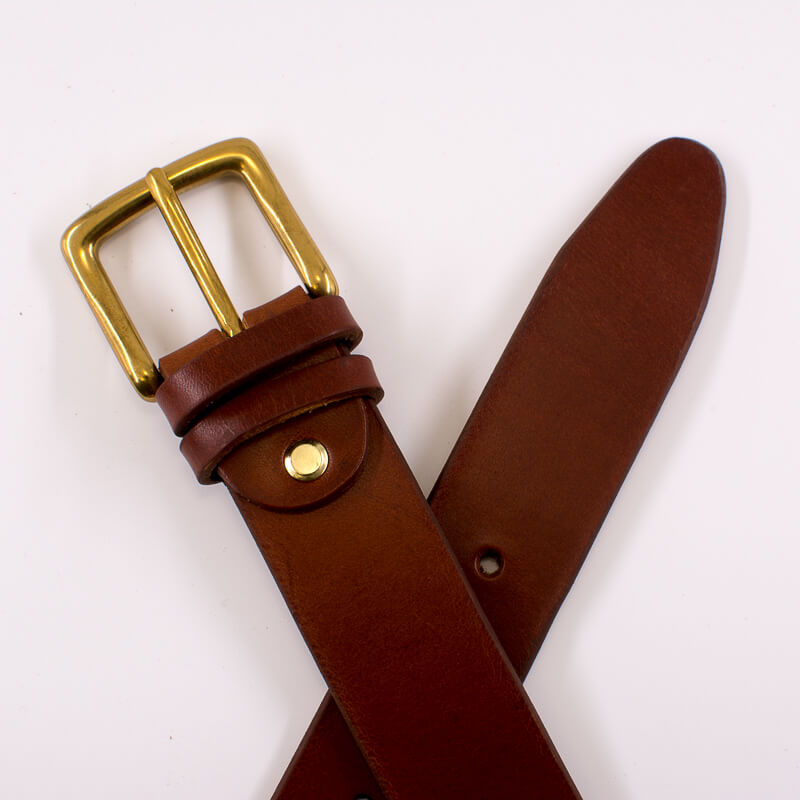 Golden square solid brass buckle (short) - light brown leather belt - 3.5cm width