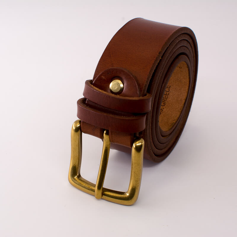 Golden square solid brass buckle (short) - light brown leather belt - 3.5cm width